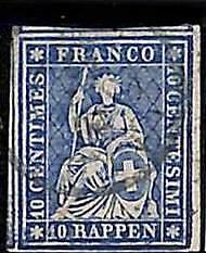 94991bC - SWITZERLAND - STAMP - Zumstein # 23 Green Thread  / Medium Paper USED