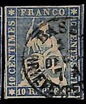94995aG - SWITZERLAND - STAMP - Zumstein # 23 Green Thread  / Medium  Paper USED