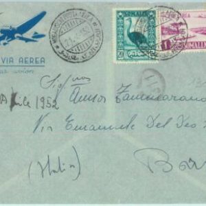 87562 - SOMALIA - Postal History  - AIRMAIL COVER to ITALY  1952 - FAUNA  Birds