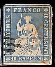94993cF - SWITZERLAND - STAMP - Zumstein # 23 Green Thread  / Medium  Paper USED