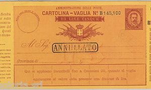 55376 - ITALIA REGNO -  CARTOLINA VAGLIA Postale: 20 Lire ANNULLATO - V 6 "C"