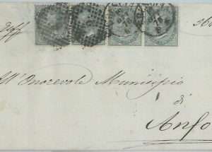 82463 - REGNO - STORIA POSTALE -  Sass T16 striscia di 4 su BUSTA annulli misti