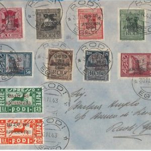 71325 -  colonie EGEO Rodi  OCCUPAZIONE TESDESCA - Sassone S 24 su BUSTA 1943