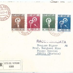 71924 -  VATICANO -  STORIA POSTALE - Sassone  219/22 su  FDC RACCOMANDATA 1957