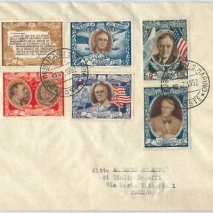 71878 - SAN MARINO - STORIA POSTALE :  serie ROOSEVELT su  BUSTA 1952