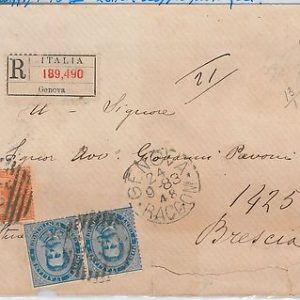 ITALIA REGNO: Sass. 39 + 40 coppia  su BUSTA con DOPPIO PORTO raccomandata 1883