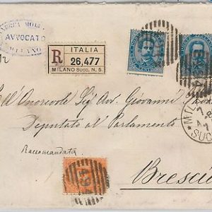 ITALIA REGNO: Sass. 39 + 40 x2 su BUSTA con DOPPIO PORTO raccomandata 1886