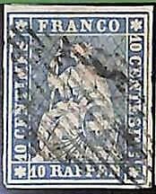 94993aA - SWITZERLAND - STAMP - Zumstein # 23a  Green Thread  / Thin Paper USED