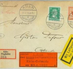 89720 - GERMANY - Postal History - FIRST FLIGHT COVER: Koln / Ostende 1928