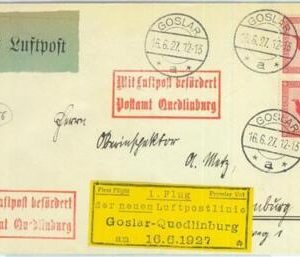 89714 - GERMANY - Postal History - FIRST FLIGHT COVER: Goslar / Quedliburg 1927