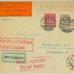 89707 - GERMANY - Postal History - FIRST FLIGHT COVER Villingen - Konstanz 1925