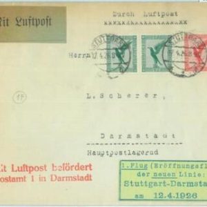 89708 - GERMANY - Postal History - FIRST FLIGHT COVER Stuttgart - Darmstadt 1926