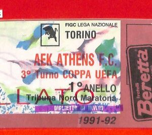 C1558 - Vecchio  BIGLIETTO PARTITA CALCIO - UEFA 1991/92  TORINO vs AEK ATHENS