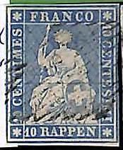 94993bA - SWITZERLAND - STAMP - Zumstein # 23a  Green Thread  / Thin Paper USED