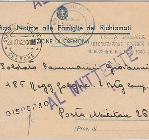 53562   REGNO -  CARTOLINA COMUNICAZIONE a famiglie soldati CREMONA 1942