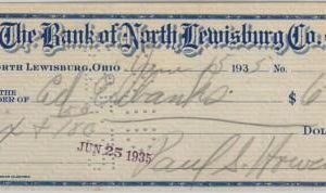 61051 - USA - VINTAGE DOCUMENT: BANK CHEQUE Check Bank of NORTH LEWISBURG 1935
