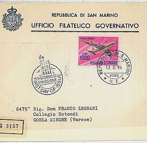 30058   SAN MARINO: STORIA POSTALE  1964 - AVIAZIONE FDC - BUSTA primo giorno