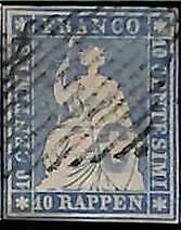 94993bE - SWITZERLAND - STAMP - Zumstein # 23a  Green Thread  / Thin Paper USED