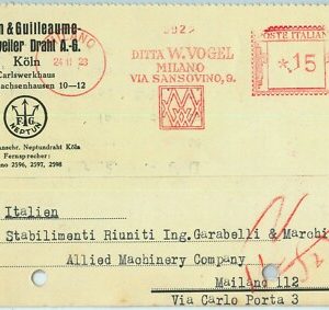 91098 - REGNO - STORIA POSTALE: Annullo ROSSO MECCANICO 1928 W. VOGEL Milano