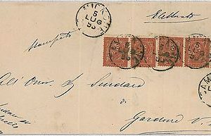 37933 REGNO:  Sassone  T15 coppia x 2   su CIRCOLARE  - annullo Camignone  1893
