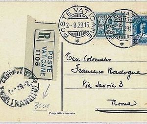 37191  - VATICANO : STORIA POSTALE - Cartolina RACCOMANDATA etichetta blu! 1929