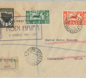 71339 -  Postal History - FIRST FLIGHT:  RHODES Egeo  / HAIFA Palestine 1937