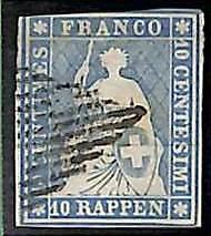 94995aA - SWITZERLAND - STAMP - Zumstein # 23 Green Thread  / Medium  Paper USED