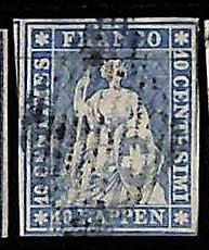 94993cD - SWITZERLAND - STAMP - Zumstein # 23 Green Thread  / Medium  Paper USED
