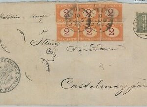 BK0023 -  REGNO - storia postale - Sass SEGNATASSE 4 * 6  (2*3) su BUSTA 1890
