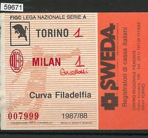 59671  - Vecchio  BIGLIETTO PARTITA CALCIO - 1987 / 1988 :  TORINO / MILAN