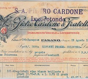 FATTURA d'epoca AZIENDA VINI - PIETRO CARDONE &  F - Locorotondo / Fasano 1936