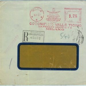90493 - REGNO - STORIA POSTALE : Annullo ROSSO MECCANICO 1937: V TICINO Milano