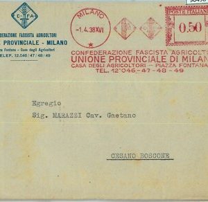 90498 - REGNO - STORIA POSTALE : Annullo ROSSO MECCANICO 1938 AGRICOLTORI Milano