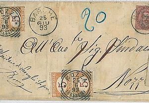 ITALIA REGNO:  Sassone L14 Striscia da 4 + coppiz x 2 + L15  su CIRCOLARE 1875