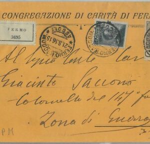 82570 - REGNO - STORIA POSTALE - Sass 75 bordo di foglio su BUSTA da FERMO 1916