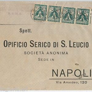 64148 - REGNO - STORIA POSTALE : Sass 70 striscia di 4 VARIETA'  su  BUSTA  1908