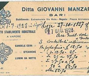 34315   CARTOLINA d'Epoca BARI  - PUBBLICITARIA: Ditta Giovanni Manzari 1928