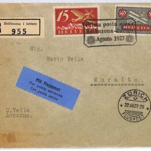 ai2679 - SWITZERLAND - Postal History - FIRST FLIGHT  Bellinzona / Zurich 1927
