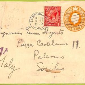 ad5636 - GB - POSTAL HISTORY - STATIONERY COVER to Palermo ITALY  1922