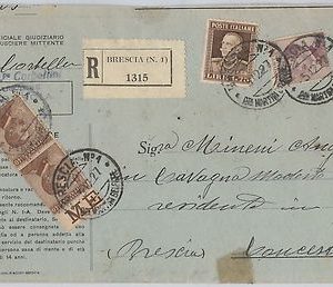 ITALIA REGNO:  Sass 84 coppia Bordo di Foglio  + 214  su BUSTA RACCOMANDATA 1927
