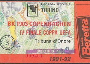 65595 - BIGLIETTO PARTITA CALCIO Coppa Uefa 1991 : TORINO / BK 1903 COPENHAGHEN