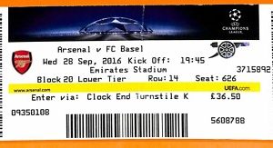 C2433-Vecchio BIGLIETTO PARTITA CALCIO- 2016 ARSENAL VS BASER