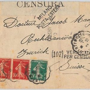 FRANCE - HISTOIRE POSTAL :  LETTRE de NICE  a  SUISSE 1916 - CENSEUR ITALIENE