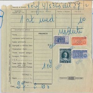 REPUBBLICA: MARCA DA BOLLO + PACCHI + TRASPORTO PACCHI usati su RICEVUTA 1960