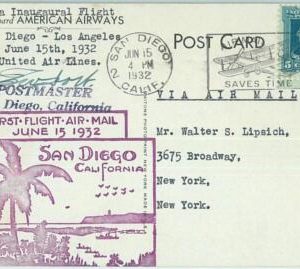 67452 - FIRST FLIGHT POSTCARD  - Postal History - USA : San Diego / LA 1932