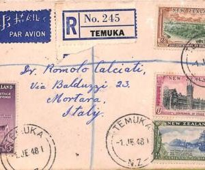 ac6641 - NEW ZEALAND - REVENUE STAMP Registered COVER from TEMUKA to ITALY 1948