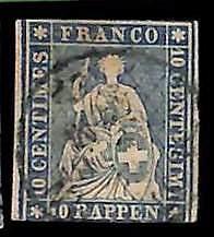 94995aH - SWITZERLAND - STAMP - Zumstein # 23 Green Thread  / Medium  Paper USED