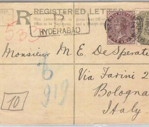 66040 - INDIA - Postal History -  REGISTERED STATIONERY COVER to ITALY 1891