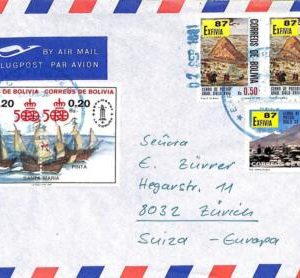 ad6106 - BOLIVIA - POSTAL HISTORY - COVER to SWITZERLAND 1987 - Columbus SHIPS