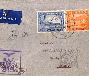 ac6649 - ADEN - POSTAL HISTORY - R.A.F. Censor on AIRMAIL COVER to EGYPT 1943